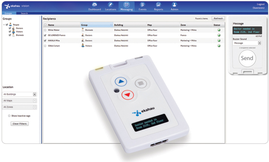 Photo 4: The Messaging Tab within the Ekahau Vision™ Software platform and a B4 Badge. Photo courtesy of Ekahau