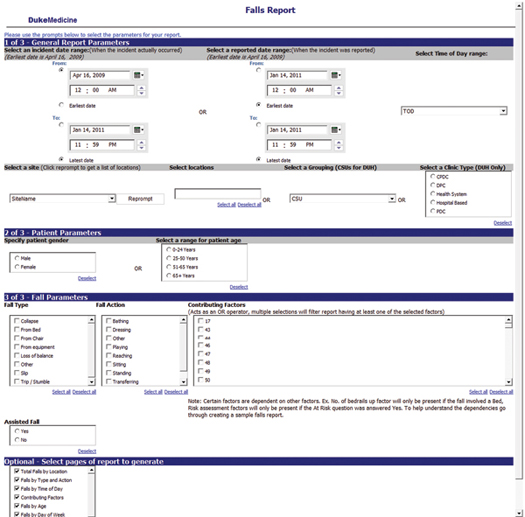 Figure 2: Falls Report Prompt Page Upon selection of a specific report from the safety reporting dashboard, users are presented with a prompt page. This page displays available modifiable data fields, such as incident date ranges, patient demographics, and fall parameters to enable tailoring a query to the needs of individual users.